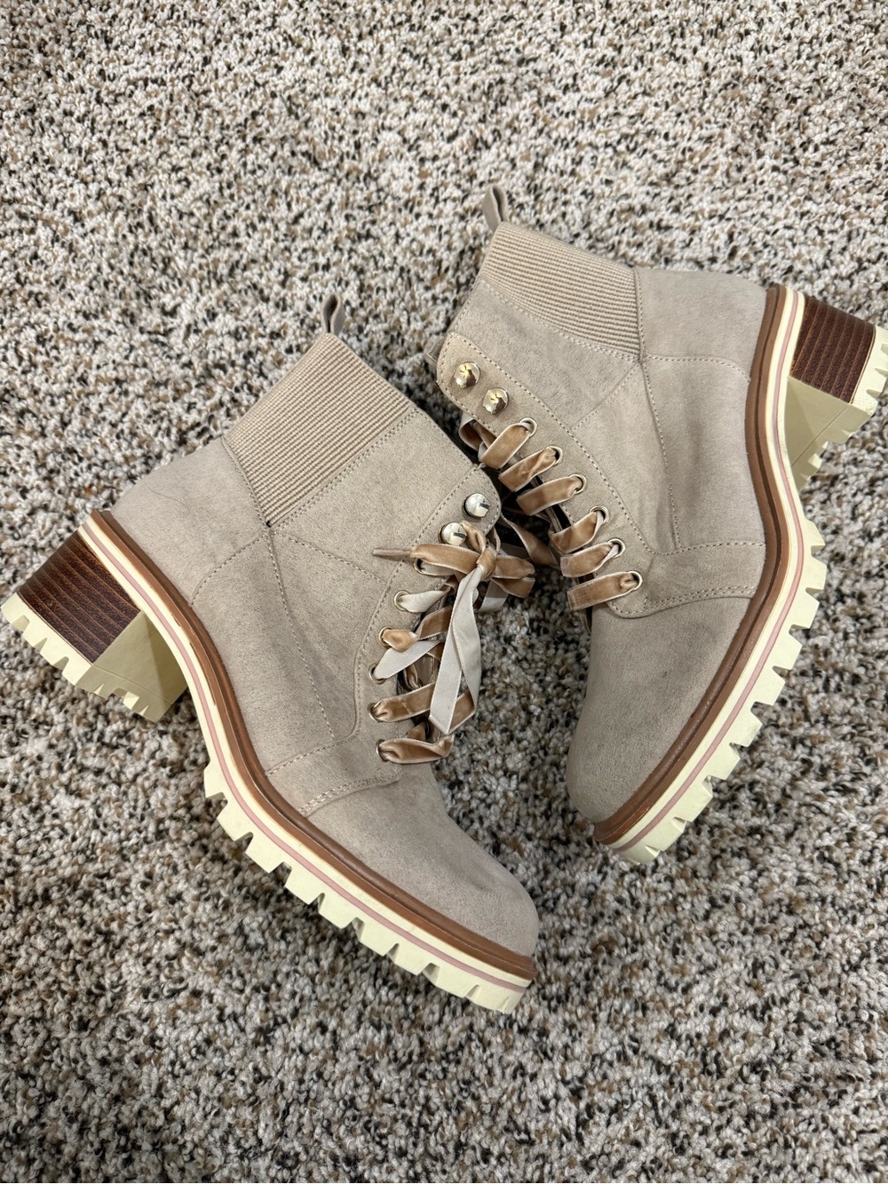 Crown Vintage Taupe Suede Lace-Up Lug Heel Ankle Boots